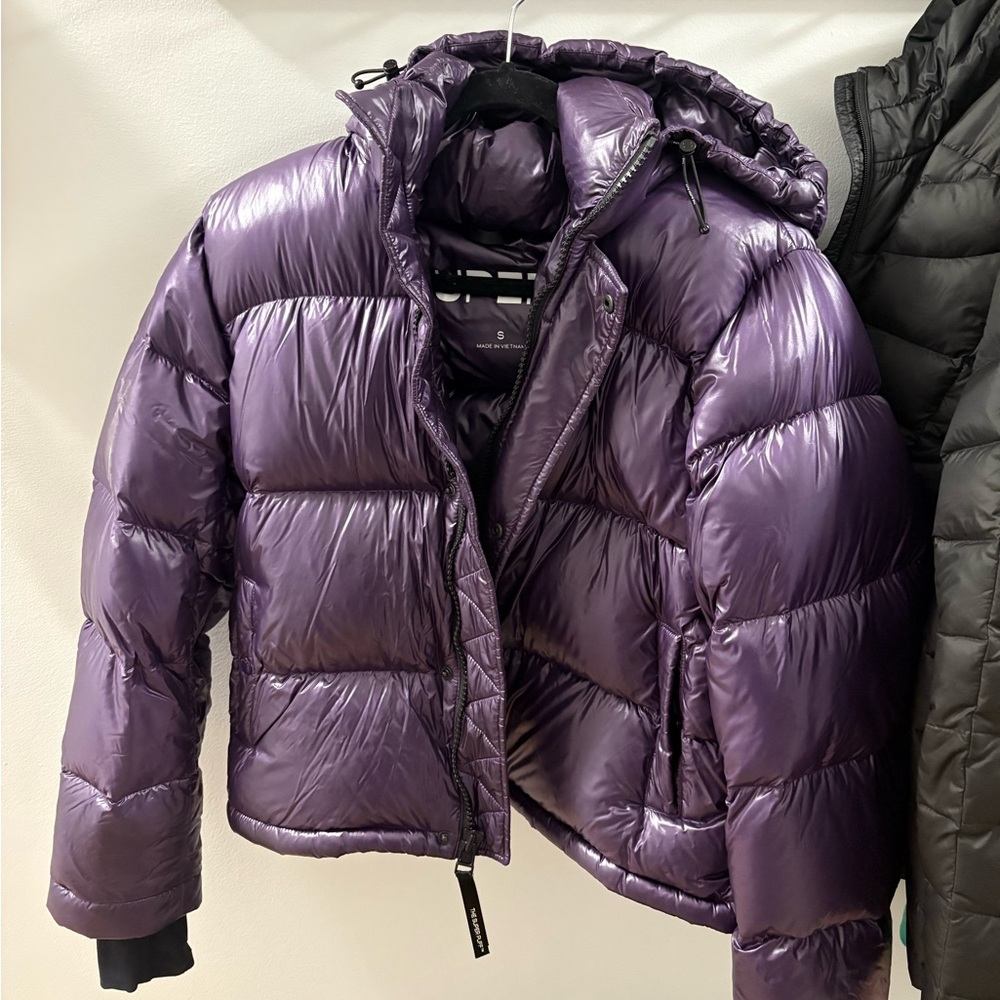 aritzia dark purple hi gloss super puff jacket